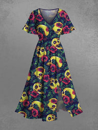 Gothic Plus Size Skull Tropical Leaves Floral Print Hawaii Split Pocket A Line Midi Dress