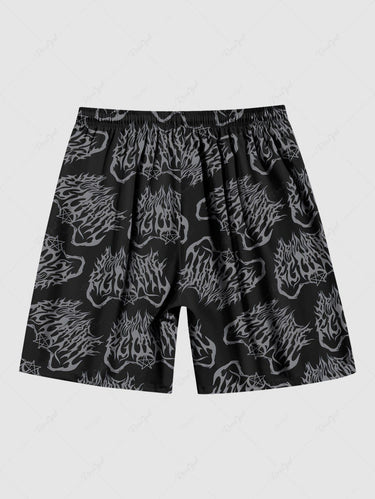 Gothic Plus Size Skull Fire Flame Print Drawstring Beach Shorts For Men
