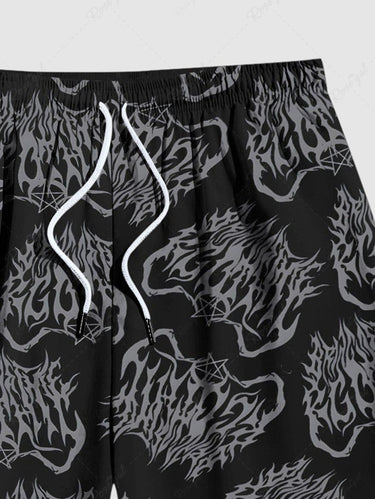 Gothic Plus Size Skull Fire Flame Print Drawstring Beach Shorts For Men