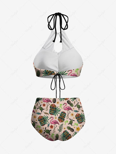 Gothic Tropical Leaves Floral Flamingo Turtle Pineapple Mask Print Hawaii Hollow Out Halter Backless Tankini Swimsuit
