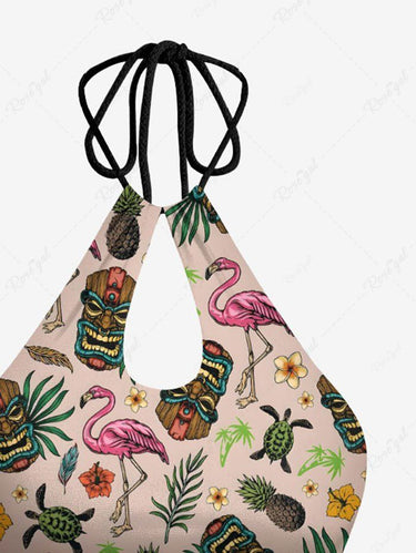 Gothic Tropical Leaves Floral Flamingo Turtle Pineapple Mask Print Hawaii Hollow Out Halter Backless Tankini Swimsuit