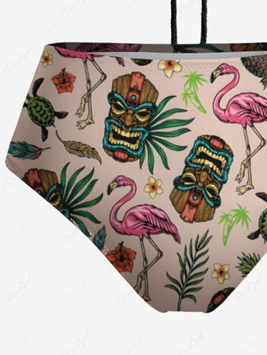 Gothic Tropical Leaves Floral Flamingo Turtle Pineapple Mask Print Hawaii Hollow Out Halter Backless Tankini Swimsuit