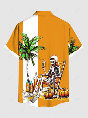 Gothic Plus Size Coconut Tree Skull Skeleton Pumpkin Beer Print Hawaii Button Pocket Shirt For Men