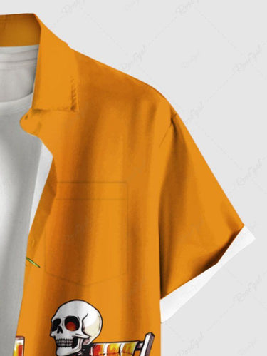 Gothic Plus Size Coconut Tree Skull Skeleton Pumpkin Beer Print Hawaii Button Pocket Shirt For Men