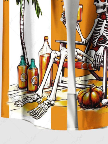 Gothic Plus Size Coconut Tree Skull Skeleton Pumpkin Beer Print Hawaii Button Pocket Shirt For Men