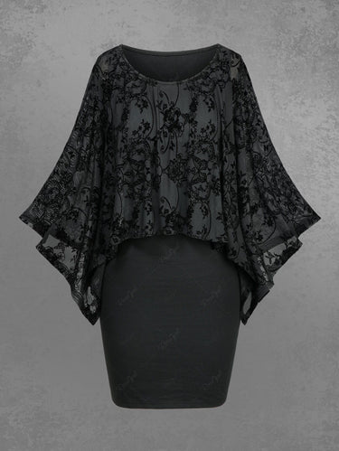 Gothic Plus Size Floral Butterfly Mesh Flocking Patchwork Mini Dress