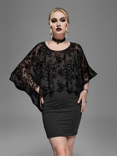 Gothic Plus Size Floral Butterfly Mesh Flocking Patchwork Mini Dress Black / 2X | US 18-20 Gothic Plus Size Floral Butterfly Mesh Flocking Patchwork Mini Dress Black / 2X | US 18-20
