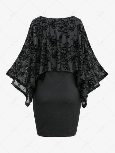 Gothic Plus Size Floral Butterfly Mesh Flocking Patchwork Mini Dress