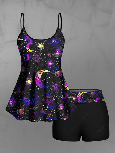 Gothic Sun Moon Star Galaxy Print Boyleg Tankini Swimsuit (Adjustable Shoulder Strap)