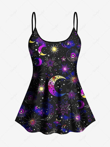 Gothic Sun Moon Star Galaxy Print Boyleg Tankini Swimsuit (Adjustable Shoulder Strap)