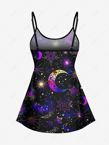 Gothic Sun Moon Star Galaxy Print Boyleg Tankini Swimsuit (Adjustable Shoulder Strap)