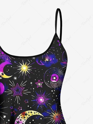 Gothic Sun Moon Star Galaxy Print Boyleg Tankini Swimsuit (Adjustable Shoulder Strap)