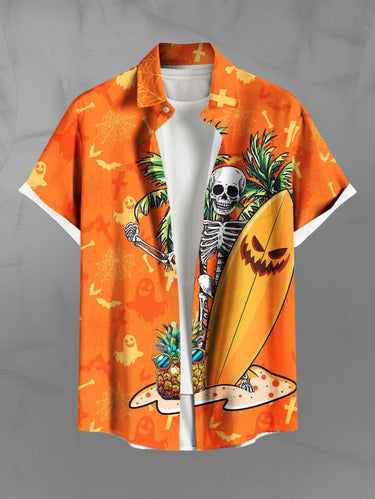 Gothic Plus Size Coconut Tree Skeleton Pineapple Skateboard Ghost Bat Print Hawaii Button Pocket Shirt For Men