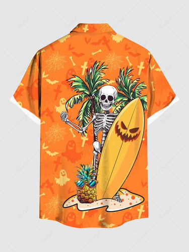 Gothic Plus Size Coconut Tree Skeleton Pineapple Skateboard Ghost Bat Print Hawaii Button Pocket Shirt For Men