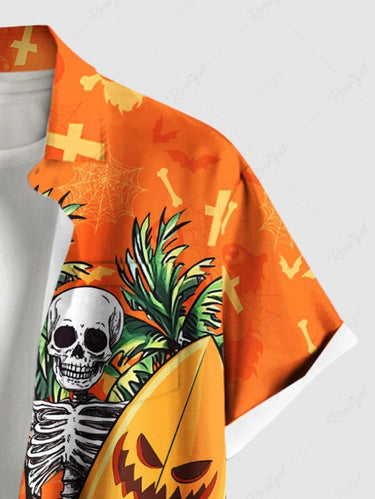 Gothic Plus Size Coconut Tree Skeleton Pineapple Skateboard Ghost Bat Print Hawaii Button Pocket Shirt For Men