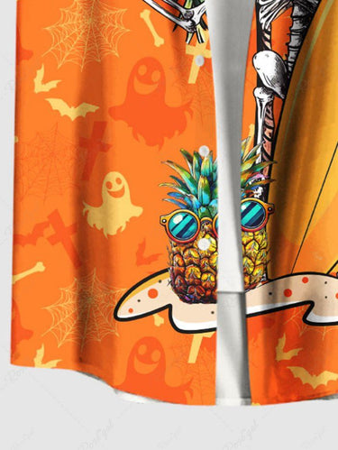 Gothic Plus Size Coconut Tree Skeleton Pineapple Skateboard Ghost Bat Print Hawaii Button Pocket Shirt For Men