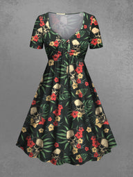 Gothic Plus Size Skull Tropical Leaves Floral Print Hawaii Cinched A Line Dress