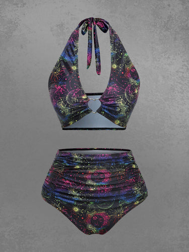 Gothic Colorful Ombre Sun Moon Star Symbol Galaxy Print Heart Buckle Halter Backless Bikini Set