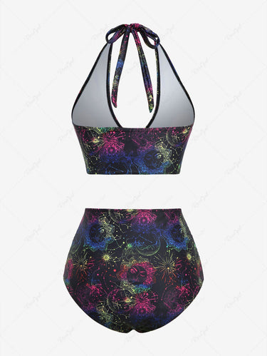 Gothic Colorful Ombre Sun Moon Star Symbol Galaxy Print Heart Buckle Halter Backless Bikini Set