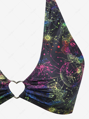 Gothic Colorful Ombre Sun Moon Star Symbol Galaxy Print Heart Buckle Halter Backless Bikini Set