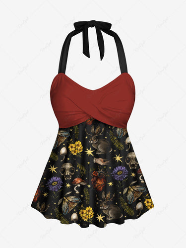 Gothic Plus Size Skull Mushroom Butterfly Floral Star Rabbit Galaxy Print Twist Halter Backless Tankini Swimsuit