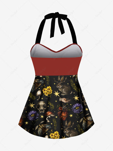 Gothic Plus Size Skull Mushroom Butterfly Floral Star Rabbit Galaxy Print Twist Halter Backless Tankini Swimsuit
