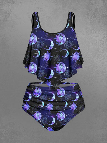 Gothic Plus Size Sun Moon Star Ombre Galaxy Print Peplum Hem Tankini Swimsuit (Adjustable Shoulder Strap)