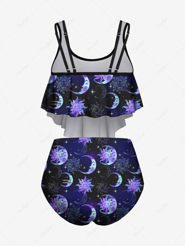 Gothic Plus Size Sun Moon Star Ombre Galaxy Print Peplum Hem Tankini Swimsuit (Adjustable Shoulder Strap)