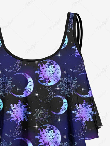 Gothic Plus Size Sun Moon Star Ombre Galaxy Print Peplum Hem Tankini Swimsuit (Adjustable Shoulder Strap)