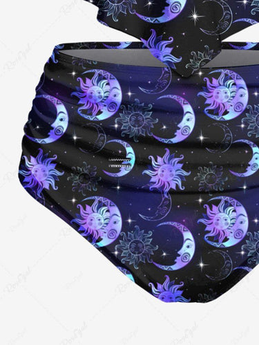 Gothic Plus Size Sun Moon Star Ombre Galaxy Print Peplum Hem Tankini Swimsuit (Adjustable Shoulder Strap)