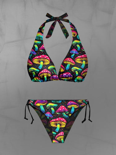 Gothic Colorful Mushroom Print Plunging Halter Backless Bikini Set