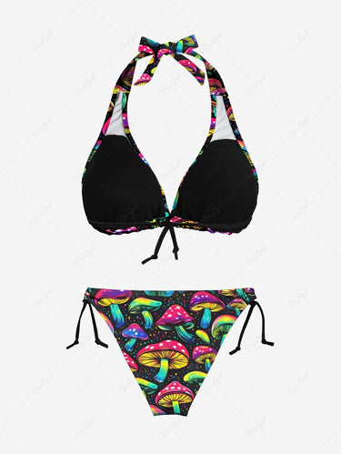 Gothic Colorful Mushroom Print Plunging Halter Backless Bikini Set
