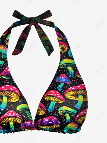 Gothic Colorful Mushroom Print Plunging Halter Backless Bikini Set