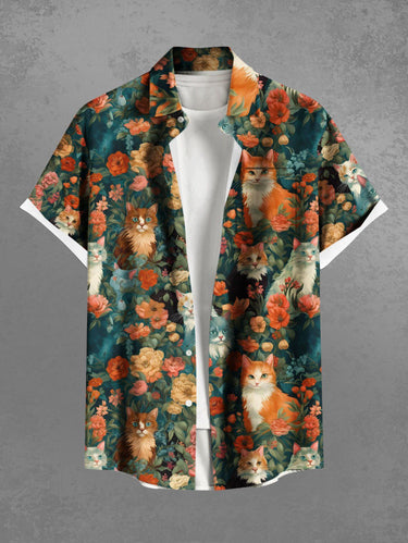 Gothic Plus Size Cat Colorful Flower Print Button Pocket Shirt For Men