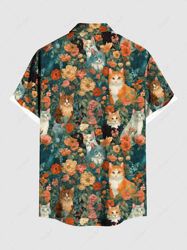 Gothic Plus Size Cat Colorful Flower Print Button Pocket Shirt For Men