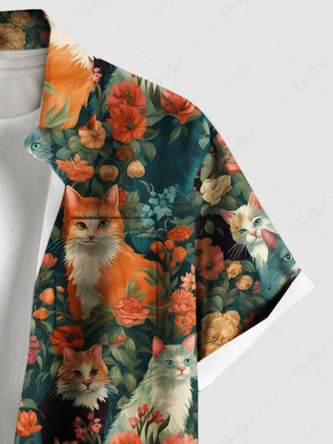 Gothic Plus Size Cat Colorful Flower Print Button Pocket Shirt For Men
