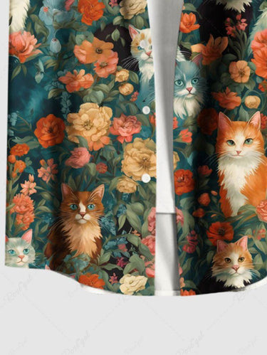 Gothic Plus Size Cat Colorful Flower Print Button Pocket Shirt For Men