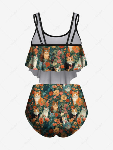 Gothic Cat Colorful Flower Print Peplum Hem Tankini Swimsuit (Adjustable Shoulder Strap)
