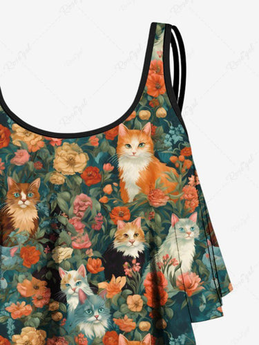 Gothic Cat Colorful Flower Print Peplum Hem Tankini Swimsuit (Adjustable Shoulder Strap)