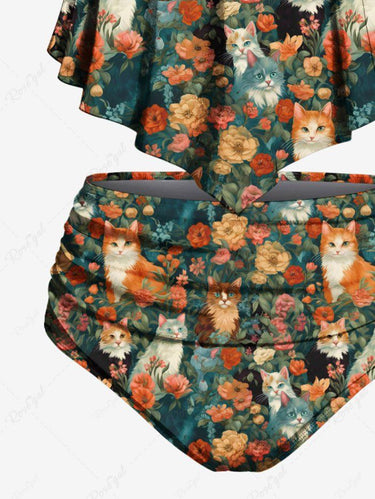 Gothic Cat Colorful Flower Print Peplum Hem Tankini Swimsuit (Adjustable Shoulder Strap)