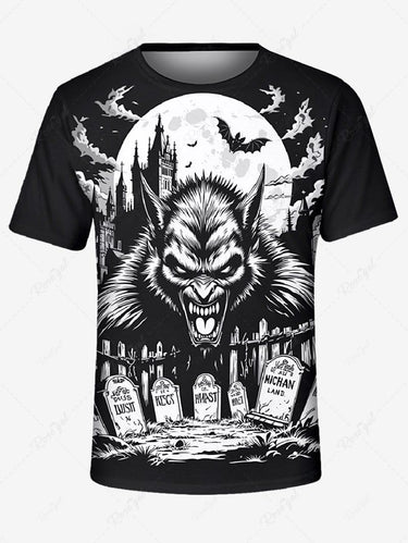 Gothic Plus Size Moon Bat Castle Monster Fence Print T-shirt For Men