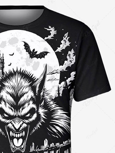 Gothic Plus Size Moon Bat Castle Monster Fence Print T-shirt For Men