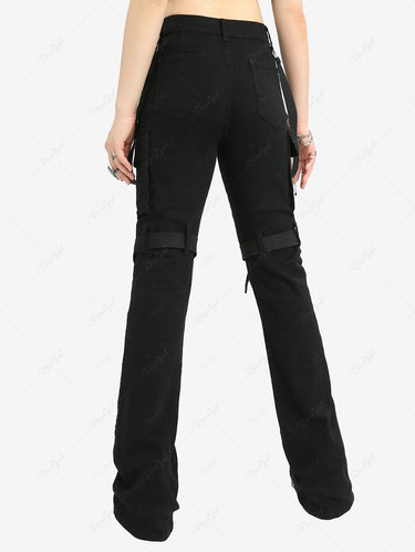Gothic Strap Button Pocket Denim Women Flare Pants