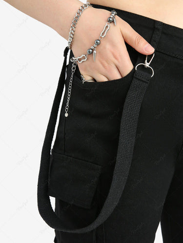 Gothic Strap Button Pocket Denim Women Flare Pants