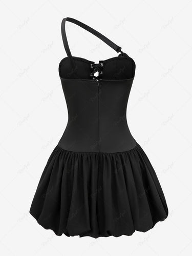 Gothic Lace Up Asymmetric Shoulder Strap Bandeau Tulip Mini Dress