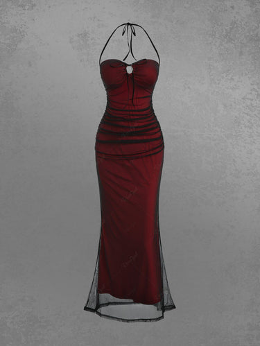 Gothic Dark Style Halter O-Ring Cinched Mesh Overlay Dress