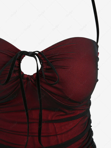 Gothic Dark Style Halter O-Ring Cinched Mesh Overlay Dress