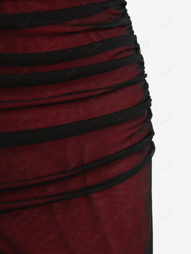 Gothic Dark Style Halter O-Ring Cinched Mesh Overlay Dress