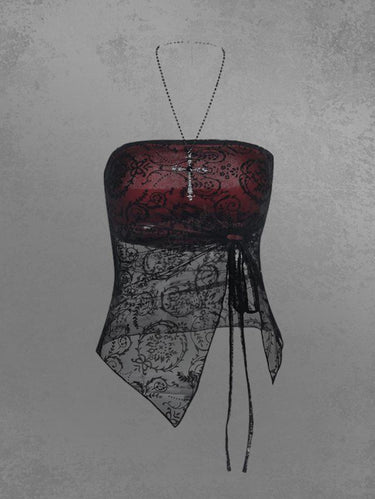 Gothic Dark Style Floral Mesh Flocking Cinched Split Asymmetric Bandeau Top with Beading Cross Necklace