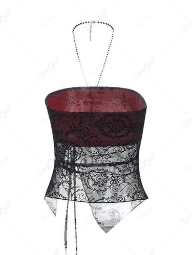 Gothic Dark Style Floral Mesh Flocking Cinched Split Asymmetric Bandeau Top with Beading Cross Necklace